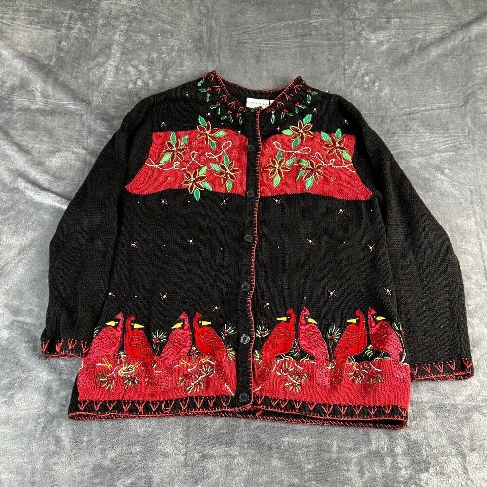 White Stag Vintage Christmas Cardinal Embroidered Beaded Cardigan Sweater SZ 16